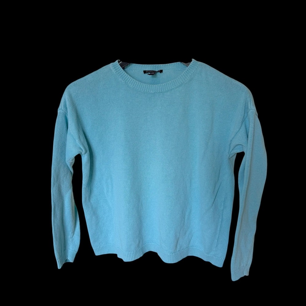 Eileen Fisher Aqua Blue Crew Neck Knit Sweater XS Linen Cotton Long Sleeve